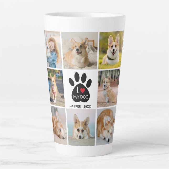 Caneca De Café Latte 8 Colagem Fotográfica I Love My Dog Paw Print (Frente)