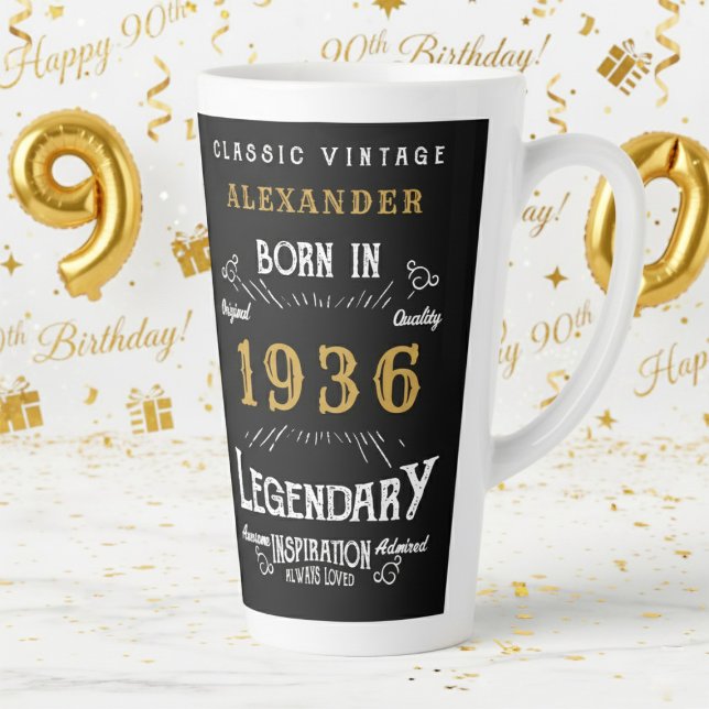 Caneca De Café Latte 90th Birthday 1936 Legendary Retro (1936 latte mug with a white and gold background.)