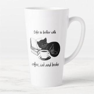 CANECA DE CAFÉ LATTE A VIDA É MELHOR COM CAFÉ DE GATO E LIVROS