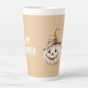 Caneca De Café Latte Abóbora de Halloween com Chapéu Bege Creme