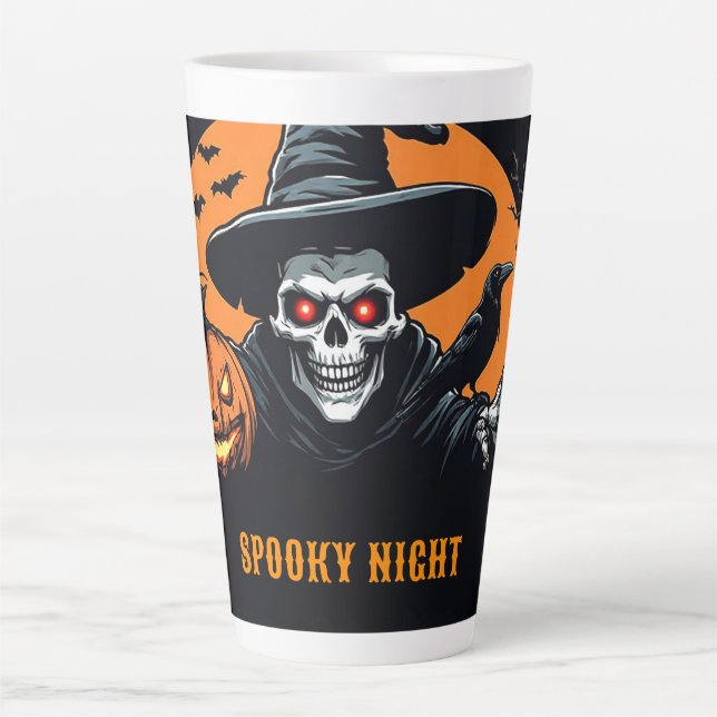 Caneca De Café Latte Abóbora de Halloween Luminosa Com Esqueleto de Hal (Frente)