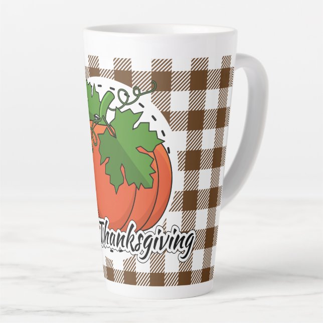 Caneca De Café Latte Abóbora na Xadrez Marrom - Feliz Ação de Graças (Ângulo direito)