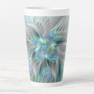 Caneca De Café Latte Abstrato Azul Borboleta Verde Fantasia Arte Fracta
