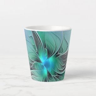 Caneca De Café Latte Abstrato com Arte Fractal Azul, Moderna