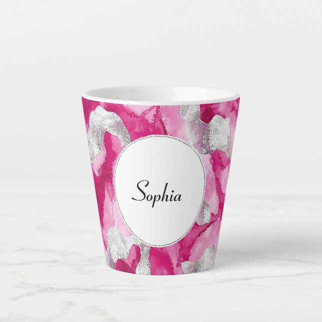 Caneca De Café Latte Abstrato de Glama de Prata Rosa (Frente)