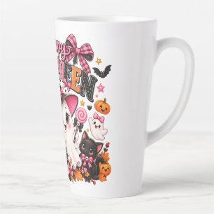 Caneca De Café Latte Adesivo de Fantasma de Halloween com Laço Rosa Fof