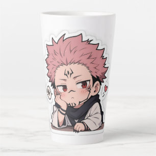 Caneca De Café Latte Adesivo do Rei Fofo Chibi Emburrado - Cabelo Rosa