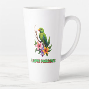 Caneca De Café Latte "Adoro papagaios - Papagaio Tropical Colorido e Fl
