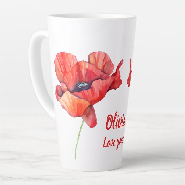 Caneca De Café Latte Agosto, flor de nascimento Papoila Vermelha (Ângulo esquerdo)
