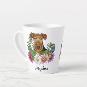 Caneca De Café Latte Airedale Terrier Dog Flowers Coloridos E Nome