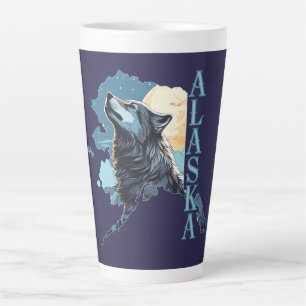Caneca De Café Latte Alaska Outline Wolf and Moon