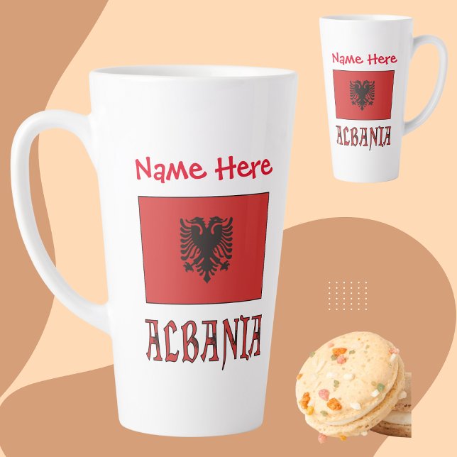 Caneca De Café Latte Albânia Bandeira Albânia Personalização Vermelha G (Criador carregado)