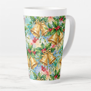 Caneca De Café Latte Alegre Natal Colorido Dourado Sininhos Azevinho