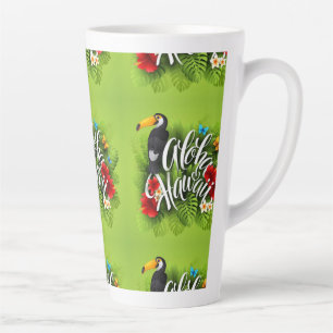Caneca De Café Latte Aloha Hawaii Flores Folhagem Borboletas Amarelo