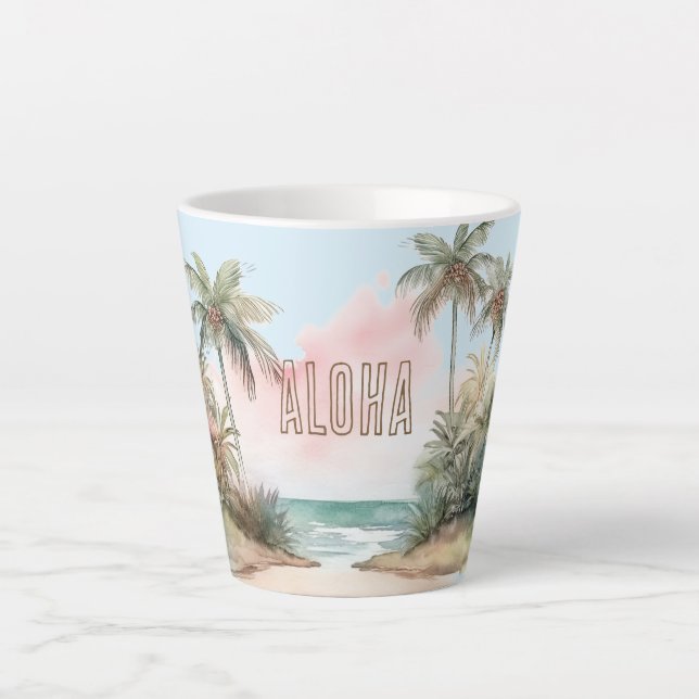 Caneca De Café Latte Aloha Tropical Beach Palm Trees (Frente)