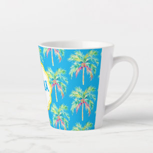 Caneca De Café Latte Aloha Tropical Palm Tree Blue Latg
