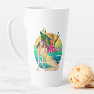 Caneca De Café Latte Aloha Tropical Pin-up Girl retro sunset art