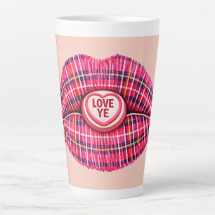 Caneca De Café Latte Ama-te Beijo de Tártan Escocês Lábios Escócia rosa