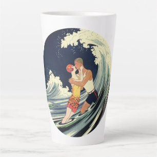 Caneca De Café Latte Amantes do Art Deco Vintage se beijam nas ondas da