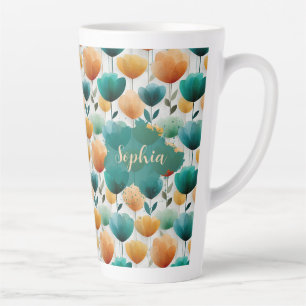 Caneca De Café Latte Amarelo e Verde Floral Primavera Vintage