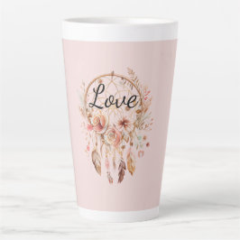 Caneca De Café Latte Amor Rosa Boho Penas Florais Sonho Catcher