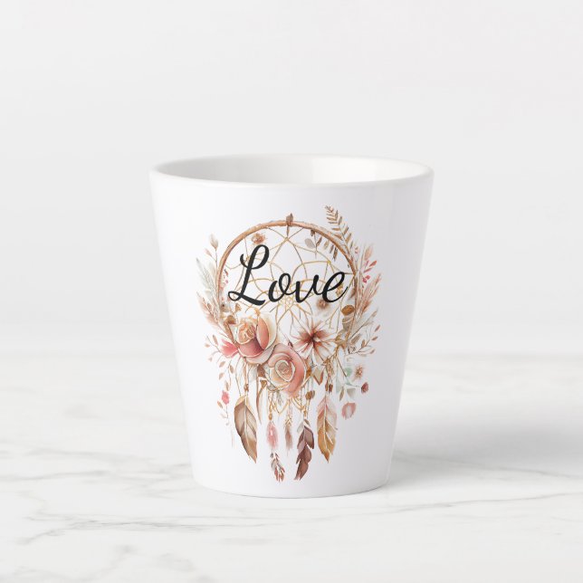 Caneca De Café Latte Amor Rosa Boho Penas Florais Sonho Catcher (Frente)