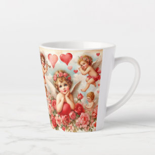 Caneca De Café Latte Amor Rosas Rosa Corações Ângulos Latte