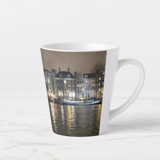Caneca De Café Latte Amsterdã, Canal por Noite Latte Mug (Direita)