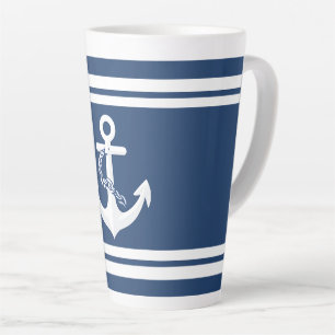 Caneca De Café Latte Âncora Náutica Vela Barco Azul Marinho Branco