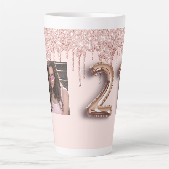 Caneca De Café Latte aniversário de 21 anos rosa dourado pinga foto (Frente)