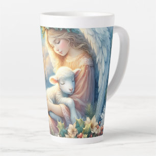 Caneca De Café Latte Anjo de Natal com Cordeiro em Paz Invernal