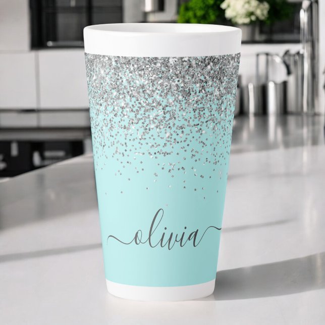 Caneca De Café Latte Aqua Azul Verde Prateado Glitter Monograma (Criador carregado)
