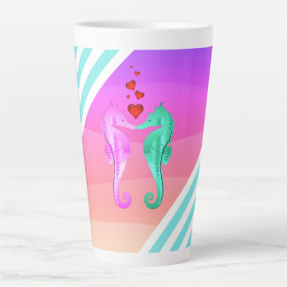 Caneca De Café Latte Aqua náutica/rosa/cavalos marinhos beijando coraçõ