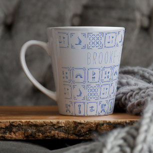 Caneca De Café Latte Aquarela Azulejo Delft Azul e Branco   Monograma