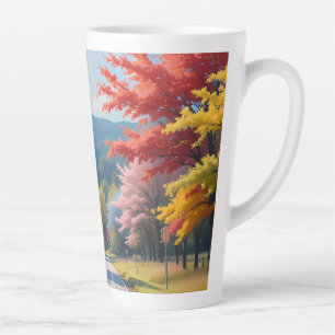 Caneca De Café Latte Aquarela de Estrada Rural Outono Pastel