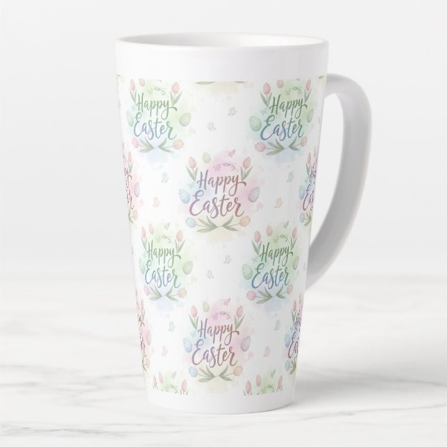 Caneca De Café Latte Aquarela Feliz Páscoa com Letreiro à Mão (Ângulo direito)