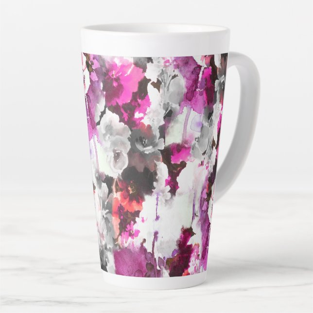 Caneca De Café Latte Aquarela Floral - Design abstrato rosa e branco (Ângulo direito)
