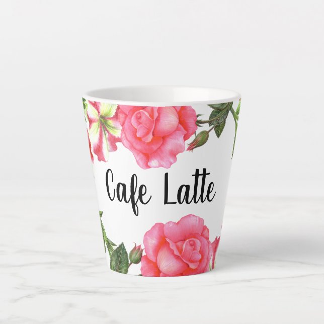 Caneca De Café Latte Aquarela Flores de Jardim Rosa, Design (Frente)