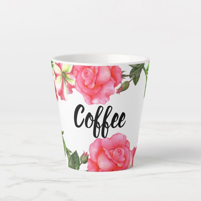 Caneca De Café Latte Aquarela Flores de Jardim Rosa, Design (Frente)