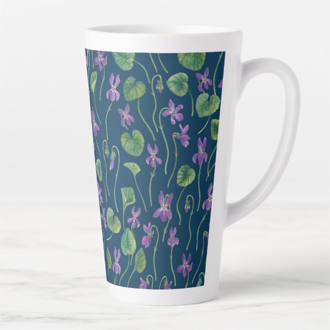 Caneca De Café Latte Aquarela violetas em azul (Direita)