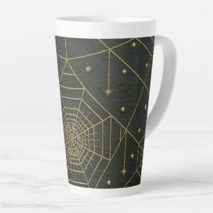 Caneca De Café Latte Aranha-teia e estrelas pretas e douradas
