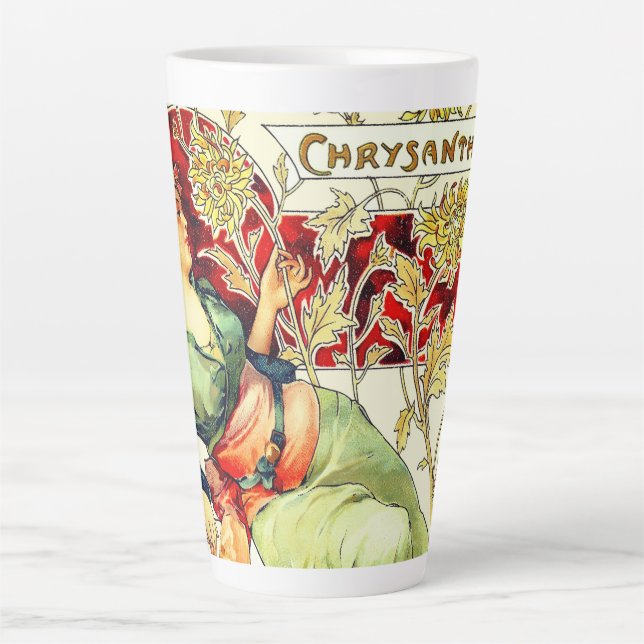 Caneca De Café Latte Art nouveau Alphonse Mucha Crisântemo outono  (Frente)