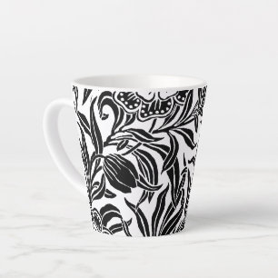 Caneca De Café Latte Art Nouveau Floral Botânico Elegante Preto Branco