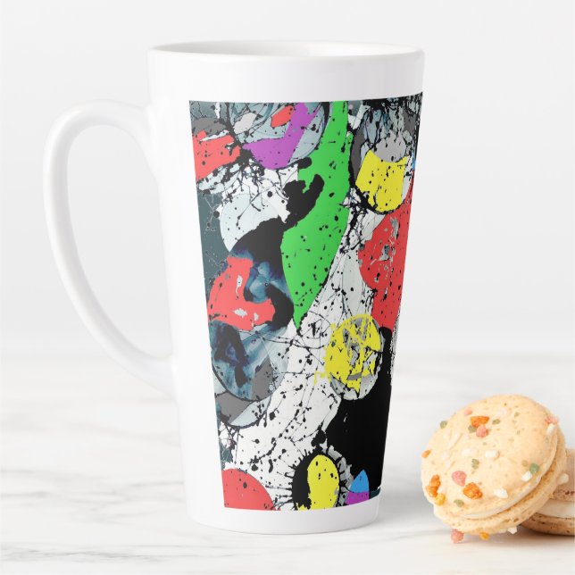 Caneca De Café Latte Arte Abstrata de Doodle Azul Branco Preto (In Situ)