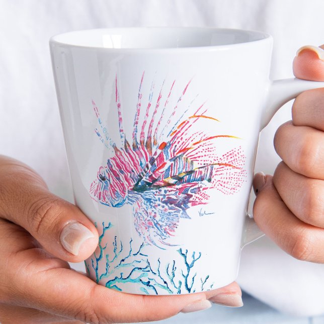 Caneca De Café Latte Arte de Aquarelas Tropicais de Peixes Costeiros (Beach themed coffee cups designed using unique ocean inspired art by Victoria Grigaliunas)