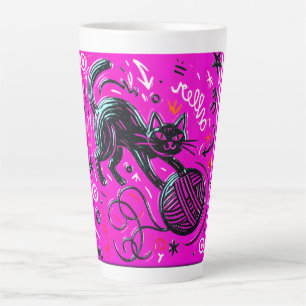 Caneca De Café Latte Arte de Gato Preto Neon