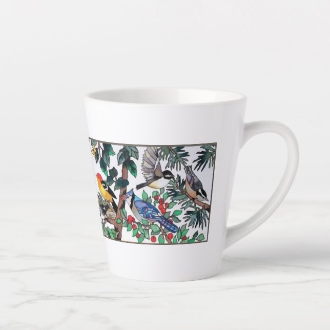 Caneca De Café Latte Arte De Vidro Escondida Blossomas E Aves Bonitas (Direita)