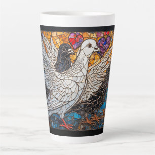Caneca De Café Latte Arte em Mosaico de Pombas com Desenhos de Coração