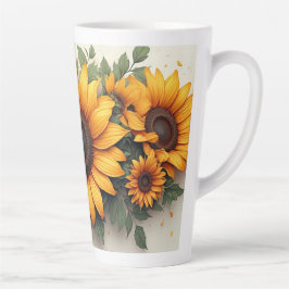 Caneca De Café Latte Arte Floral com Girassóis Amarelos