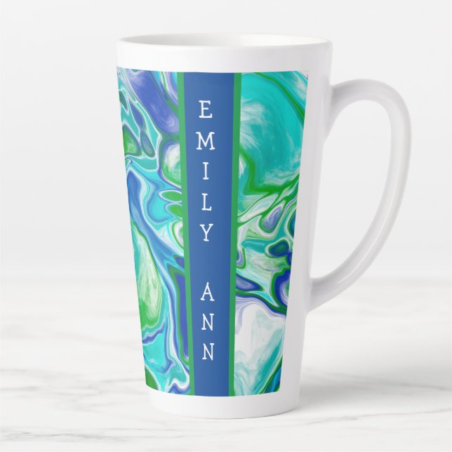 Caneca De Café Latte Arte Fluida Azul e Verde Marble Personalizada (Direita)